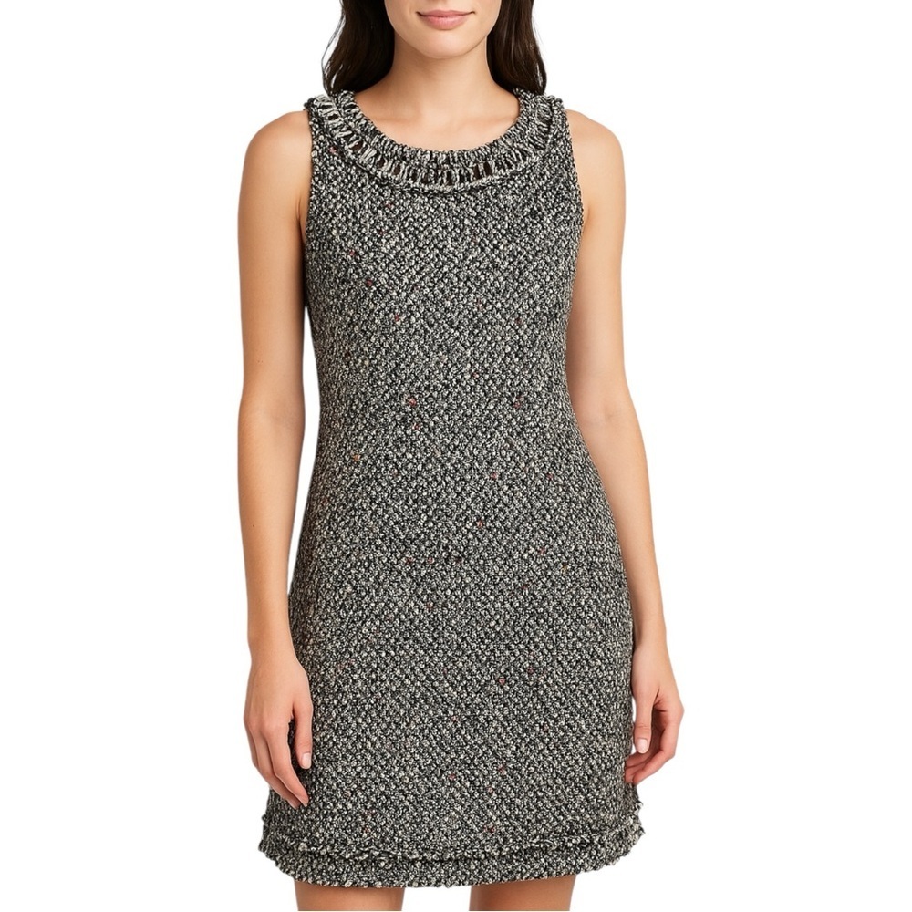 Sarah Campbell Tweed Shift Dress 8 Fringe Sleeveless Black White Multicolor